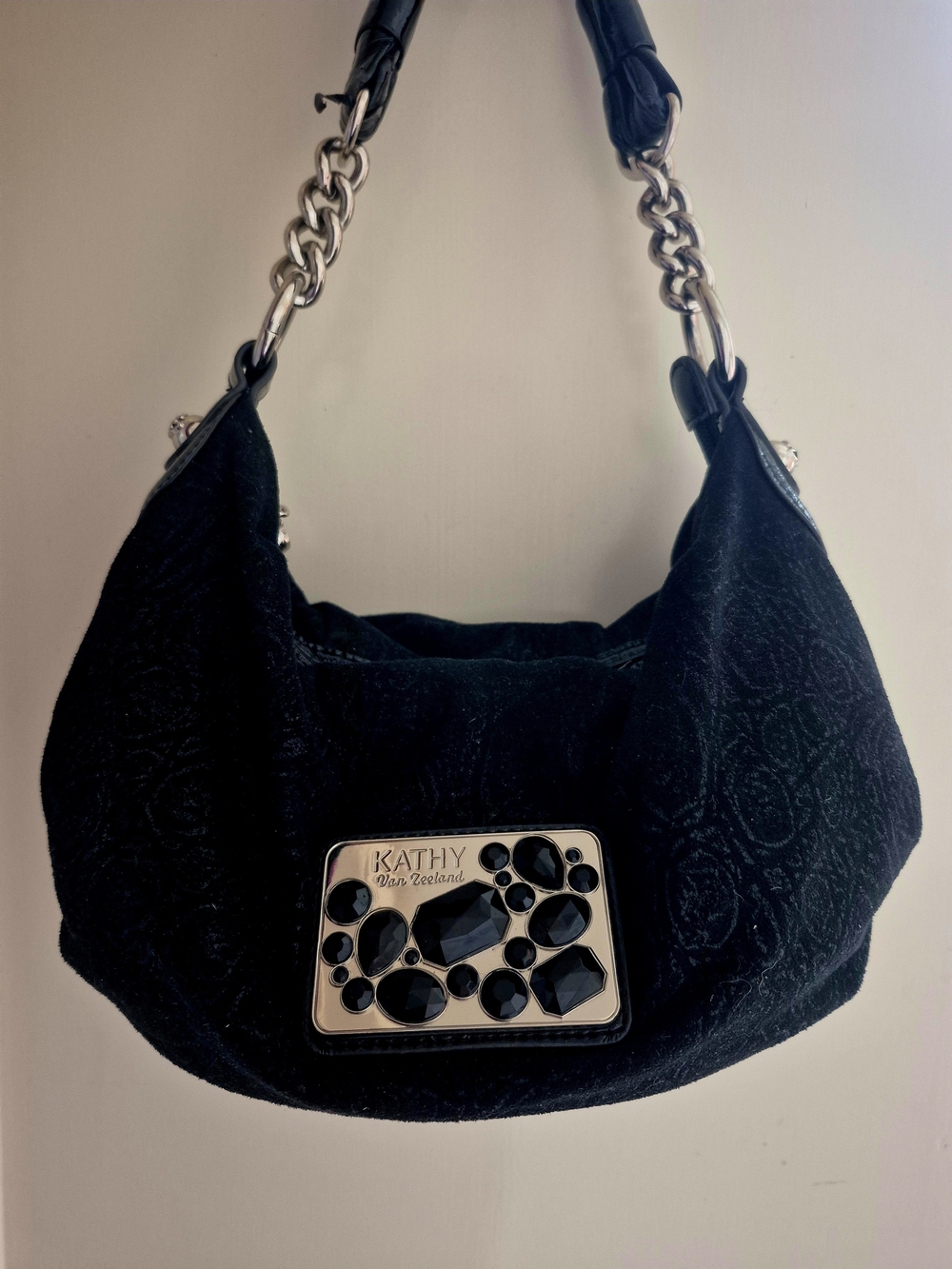 Kathy Van Zeeland Y2K Black Suede hobo bag w/ embellishments